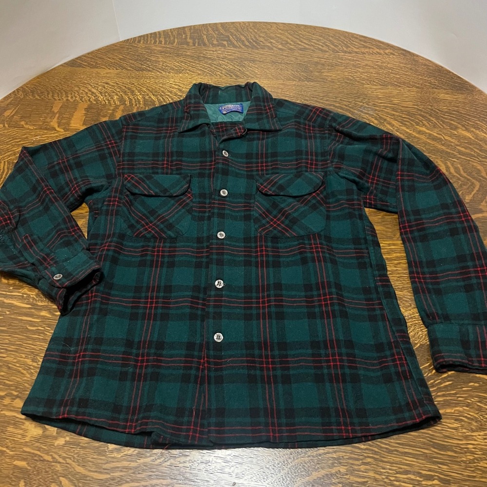 Vintage Pendleton Board Shirt Mens Medium Green Black Plaid Patched Elbows